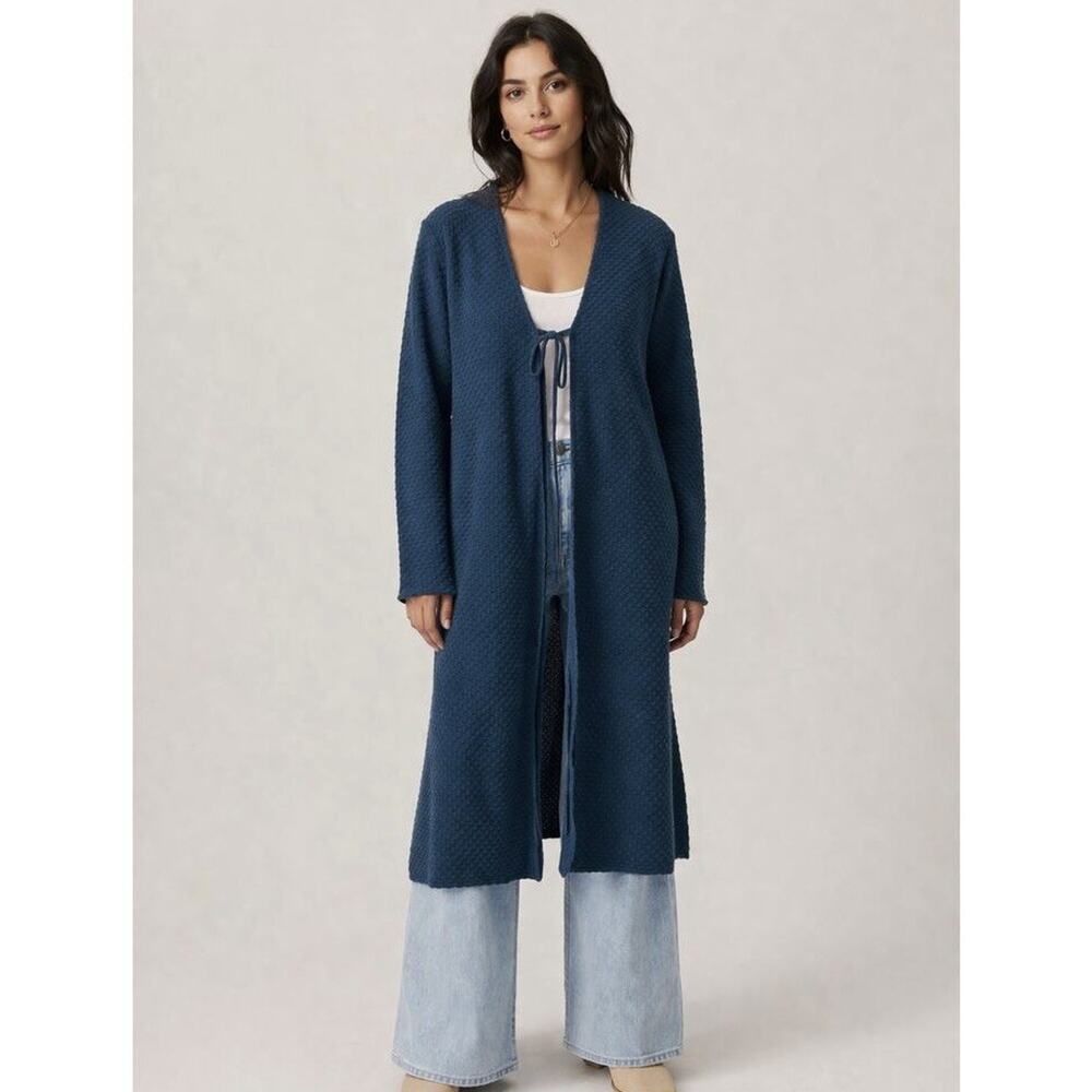 Anthropologie Dolan Teal Textured Duster Cardigan Sweater Longline Tie Front NEW